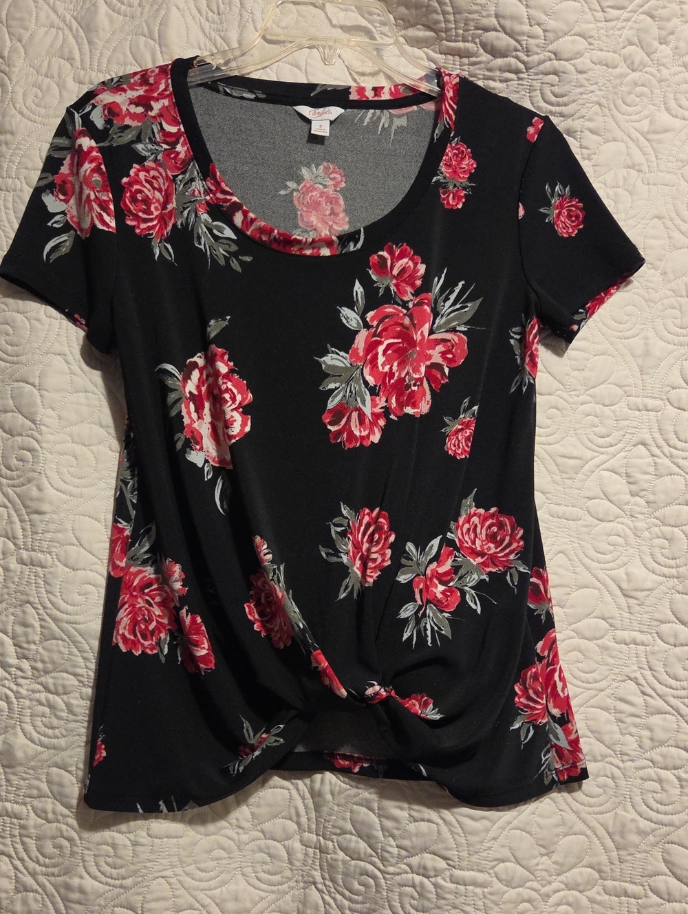 Candie's Black Short Sleeve Blouse with Red Rose Floral Print